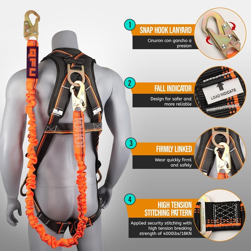 QFU Full Body Safety Harness & Fall Protection Kit with Padded Straps, ANSI Compliant, Includes Shock-Absorbing Lanyard for Roofing, Construction and Industrial Use - Image 3